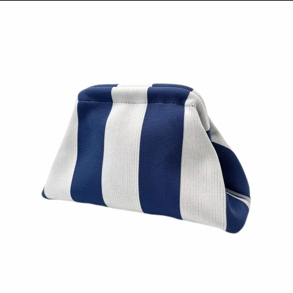 Striped Crochet Clutch Blue and White Cosmetic Bag Beach Bag Toiletry Knitted